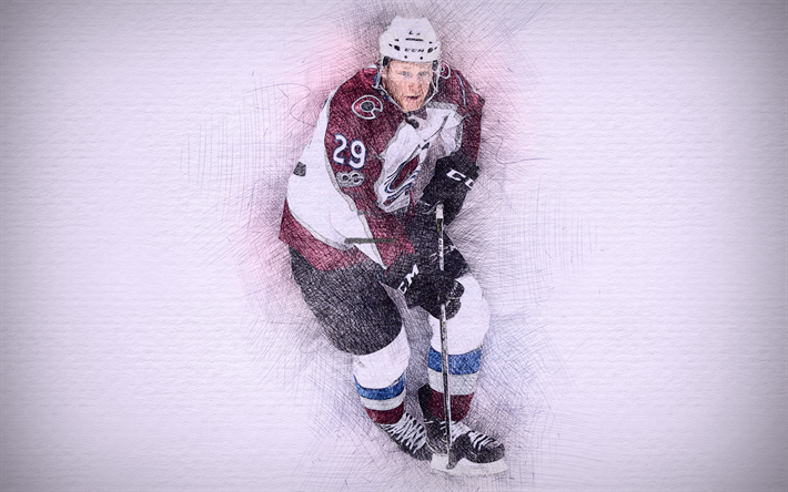 Nathan MacKinnon, 4k, œuvres d&#39;art, des &#233;toiles du hockey, de l&#39;Avalanche du Colorado, de la LNH, MacKinnon, le hockey, le dessin de Nathan MacKinnon