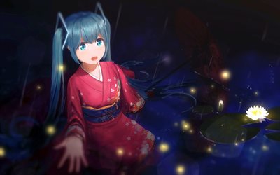 Hatsune Miku, lampi, kimono, manga, Vocaloid