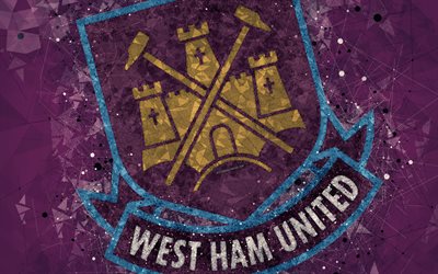 West Ham United FC, 4k, logo, geometric art, English football club, creative emblem, purple abstract background, Premier League, London, UK, football