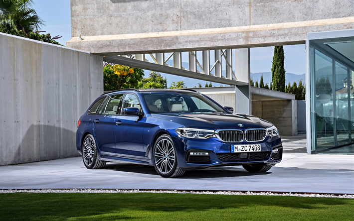 Download wallpapers BMW 5-series Touring, 2018, exterior, new blue BMW 5 estate, front cars, 530d, xDrive, BMW for desktop free. Pictures for free