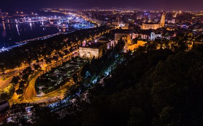 Malaga, y&#246;, kaupungin valot, port, kaduilla, kaupunkikuva, Espanja