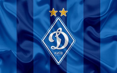 FC Dynamo Kyiv, 4k, emblem, Ukrainian football club, FCDK, logo, silk texture, blue flag, Ukrainian Premier League, Kiev, Ukraine, football