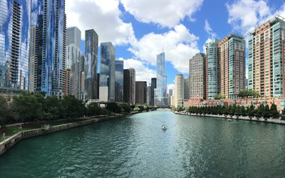 Chicago, grattacieli, Trump International Hotel and Tower, sera, panorama city, metropoli, USA, citt&#224; moderna