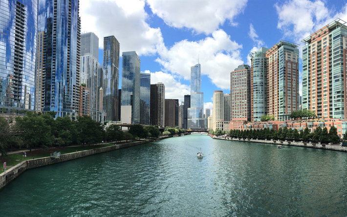 Chicago, skyskrapor, Trump International Hotel and Tower, kv&#228;ll, panorama city, megalopolis, USA, moderna staden