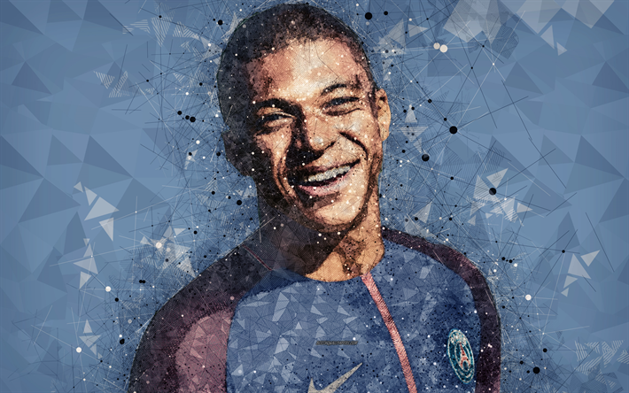 Kylian Mbappe, Paris Saint-Germain FC, 4k, face, creative portrait, geometric art, asbstraction, French footballer, PSG, France, Ligue 1, football