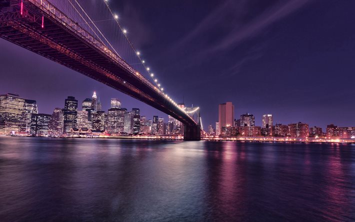 New York, Brooklyn bridge, kv&#228;ll, sunset, east river, suspension bridge, New York-staden, New York skyline, NYC, Manhattan, USA