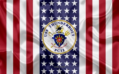 uss thunderbolt-emblem, pc-12, american flag, us-navy, usa, uss thunderbolt-abzeichen, us-kriegsschiff, wappen der uss thunderbolt