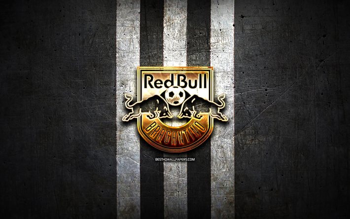 O Red Bull Bragantino FC, ouro logotipo, S&#233;rie, black metal de fundo, futebol, O Red Bull Bragantino, brasileiro de clubes de futebol, Bragantino logotipo, Brasil, RB Bragantino