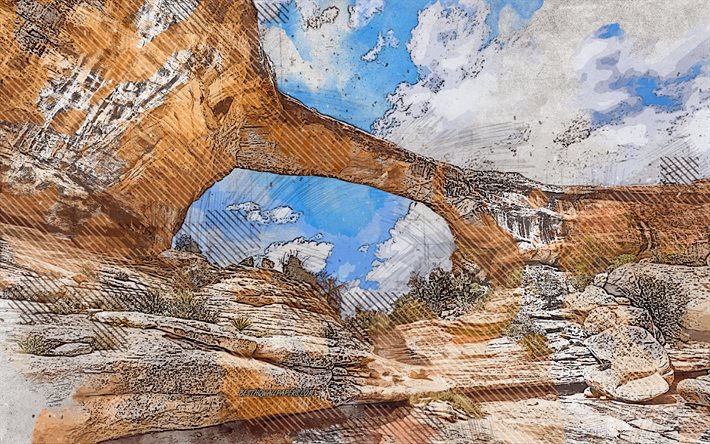 Natural Bridges National Monument, Utah, USA, grunge art, creative art, maalattu Natural Bridges National Monument, piirustus, grunge abstraktio, digitaalista taidetta