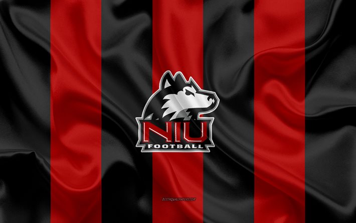 Northern Illinois Huskies, Time de futebol americano, emblema, seda bandeira, vermelho-preto de seda textura, NCAA, Northern Illinois Huskies logotipo, DeKalb, Illinois, EUA, Futebol americano