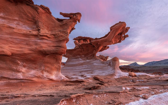 赤い岩, キャニオン, ネバダ, 夜, 夕日, 岩, 山の風景, 米国