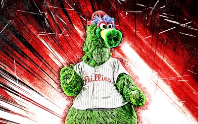 4k, Phillie Phanatic, grunge art, mascot, Philadelphia Phillies, baseball, MLB, creative, USA, red abstract rays, Philadelphia Phillies mascot, MLB mascots, official mascot, Phillie Phanatic mascot