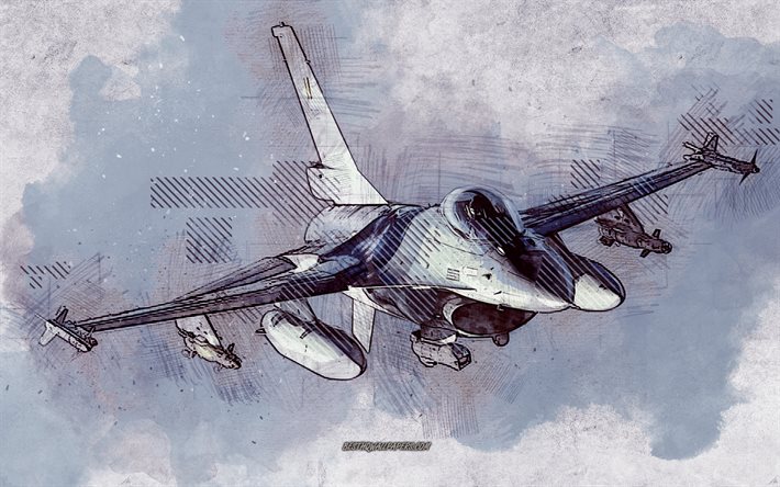 F-16, grunge art, creative art, painted F-16, drawing, F-16 abstraction, digital art, USAF, American fighter, F-16 grunge, General Dynamics F-16 Fighting Falcon
