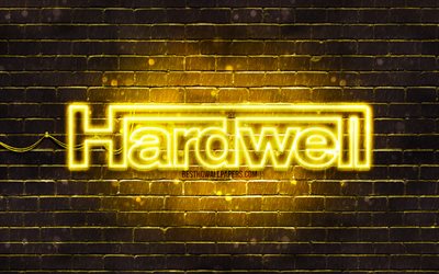 Hardwell sarı logo, 4k, superstars, Hollandalı DJ&#39;ler, sarı brickwall, Hardwell logo, Robbert van de Corput, Hardwell, m&#252;zik yıldızları, Hardwell neon logo
