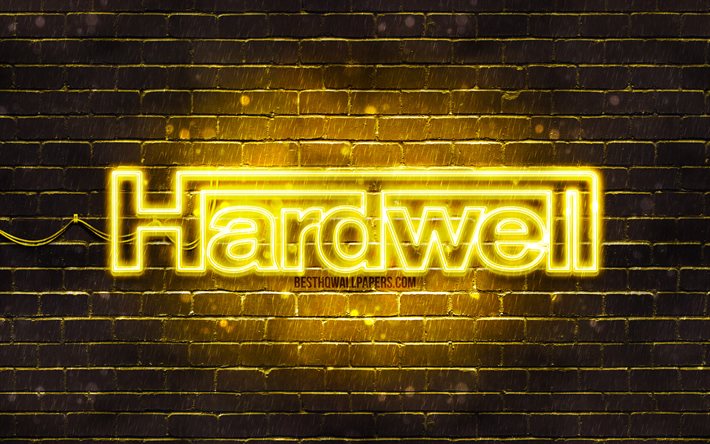 Hardwell yellow logo, 4k, superstars, dutch DJs, yellow brickwall, Hardwell logo, Robbert van de Corput, Hardwell, music stars, Hardwell neon logo