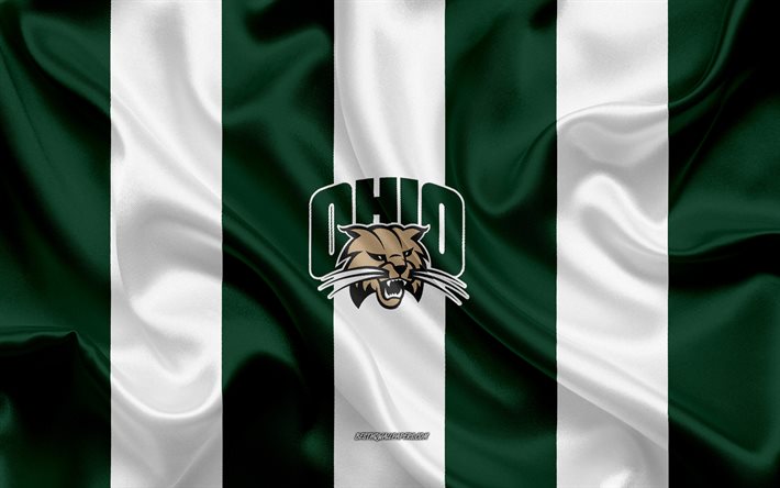 Ohio Bobcats, squadra di football Americano, emblema, bandiera di seta, verde e bianco seta texture, NCAA, Ohio Bobcats logo, Athens, Ohio, stati UNITI, football Americano