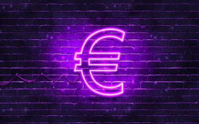 Euro violet sign, 4k, violet brickwall, Euro sign, currency signs, Euro neon sign, Euro