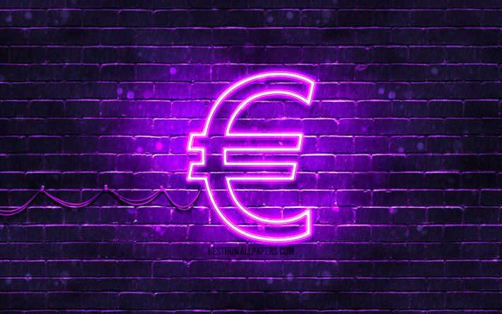 Euro violet işareti, 4k, mor brickwall, Euro işareti, para birimi işaretleri, Euro neon tabela, Euro