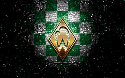 Werder Bremen FC, glitter logo, Bundesliga, green white checkered background, soccer, SV Werder Bremen, german football club, Werder Bremen logo, mosaic art, football, Germany