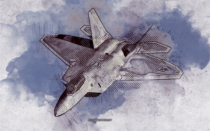 F-22, grunge art, creative art, maalattu F-22, piirustus, F-22: abstraktio, digitaalista taidetta, Boeing F-22 Raptor, US Air Force, Lentokoneen Piirustukset