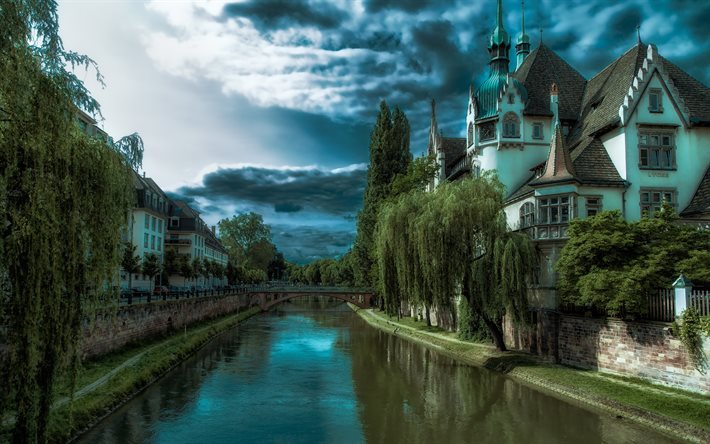 Strasbourg, 4k, villes de france, l&#39;eau du canal, France, Europe, HDR