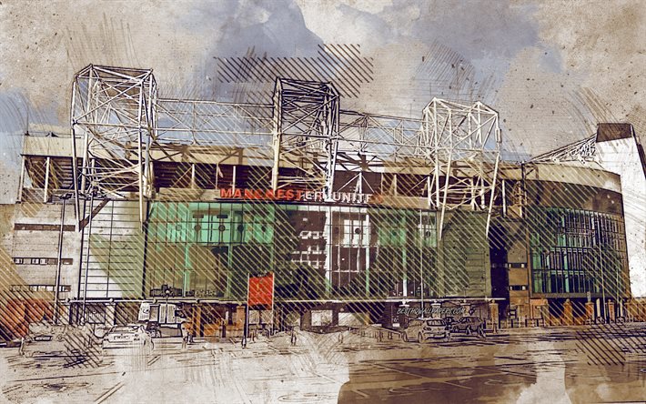 Old Trafford, Manchester, England, grunge art, creative art, painted Old Trafford, drawing, Old Trafford abstraction, digital art, football stadium, Manchester United Stadium