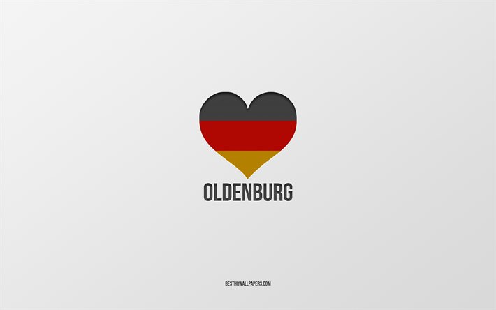 J&#39;Aime Oldenburg, villes allemandes, fond gris, Allemagne, drapeau allemand cœur, Oldenburg, villes pr&#233;f&#233;r&#233;es, l&#39;Amour Oldenburg