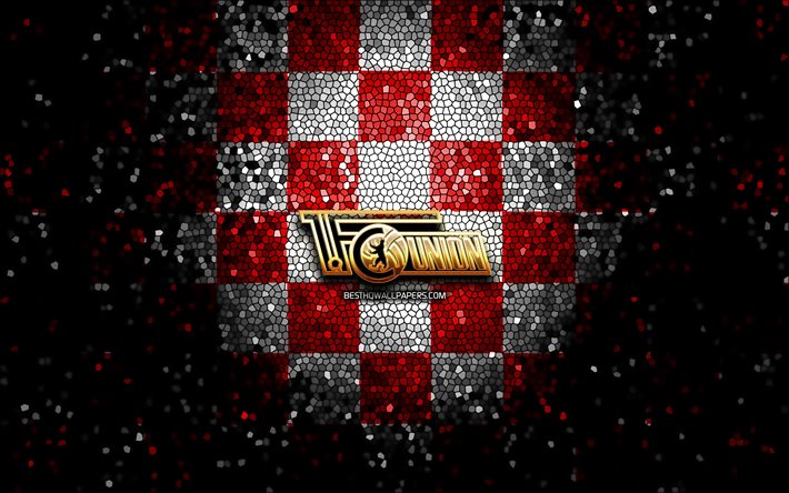 Union Berlin FC, glitter logotyp, Bundesliga, r&#246;d vit rutig bakgrund, fotboll, FC Union Berlin, tysk fotboll club, Union Berlin-logotyp, mosaik konst, Tyskland