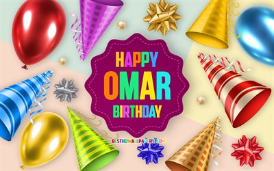 Happy Birthday Omar, 4k, Birthday Balloon Background, Omar, creative art, Happy Omar birthday, silk bows, Omar Birthday, Birthday Party Background