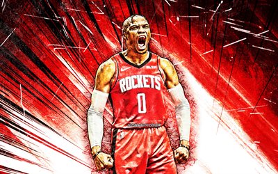 Russell Westbrook, red abstract rays, Houston Rockets, 4k, NBA, grunge art, basketball stars, Russell Westbrook III, basketball, USA, Russell Westbrook Houston Rockets, creative, Russell Westbrook 4K