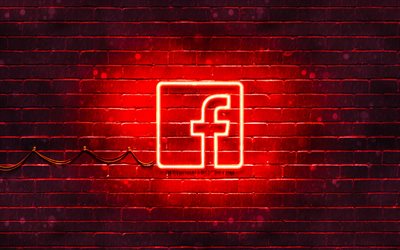 Facebook logo rouge, 4k, rouge brickwall, Facebook logo, les r&#233;seaux sociaux, Facebook n&#233;on logo Facebook
