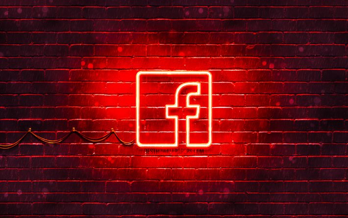 Facebook r&#246;d logo, 4k, red brickwall, Facebook-logotyp, sociala n&#228;tverk, Facebook neon logotyp, Facebook