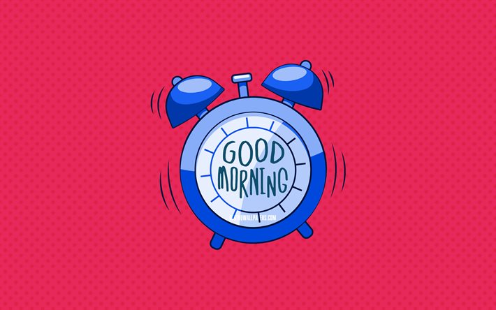God Morgon, bl&#229; v&#228;ckarklocka, 4k, rosa prickig bakgrund, god morgon &#246;nskar, kreativa, god morgon begrepp, minimalism, god morgon med klocka