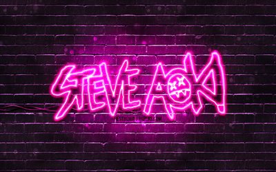 Steve Aoki purple logo, 4k, superstars, american DJs, purple brickwall, Steve Aoki logo, Steve Hiroyuki Aoki, Steve Aoki neon logo, music stars, Steve Aoki