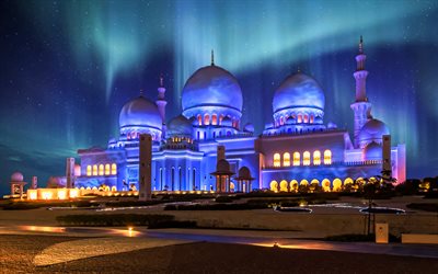 4k, Sheikh Zayed Mosque, polar lights, Abu Dhabi, UAE, nightscapes, United Arab Emirates, The Sheikh Zayed Grand Mosque