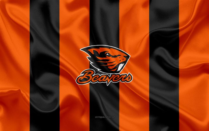 A Oregon State Beavers, Time de futebol americano, emblema, seda bandeira, laranja-preto de seda textura, NCAA, A Oregon State Beavers logotipo, Corvallis, Oregon, EUA, Futebol americano
