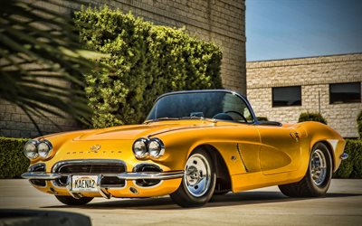 Chevrolet Corvette, retro autot, 1962 autoja, amerikkalaisten autojen, 1962 Chevrolet Corvette, keltainen Corvette, superautot, Chevrolet, HDR