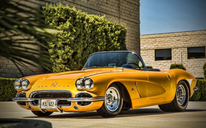 chevrolet corvette, retro cars, 1962 cars, american cars, 1962 chevrolet corvette yellow corvette, supercars, chevrolet, hdr
