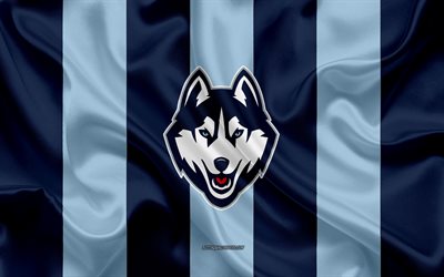 UConn Huskies, American football team, emblem, silk flag, blue silk texture, NCAA, UConn Huskies logo, Storrs, Connecticut, USA, American football