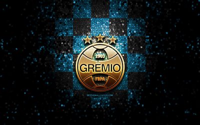 gremio fc, glitter, logo, serie a, blau, schwarz, kariert, hintergrund, fußball, gremio fb porto alegrense, brasilianische fußball-club gremio logo -, mosaik-kunst, brasilien