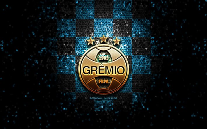 Gremio FC, glitter logotyp, Serien, bl&#229;-svart-rutig bakgrund, fotboll, Gremio FB Porto Alegrense, brasiliansk fotboll club, Gremio logotyp, mosaik konst, Brasilien