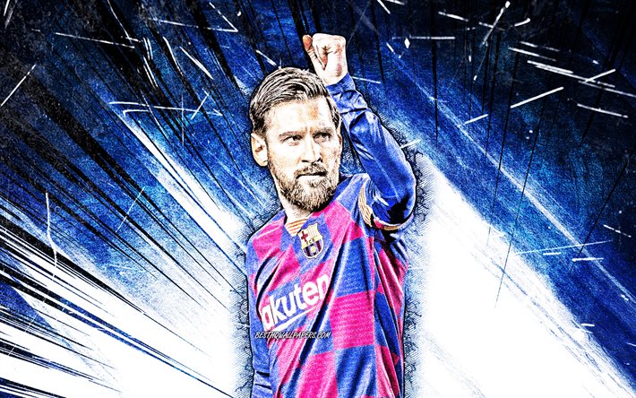 Lionel Messi, blue abstract rays, 4k, Barcelona FC, argentinian footballers, FCB, football stars, La Liga, grunge art, Messi, Leo Messi, LaLiga, Lionel Messi 4K, Spain, Barca, soccer