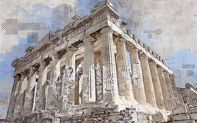 Parthenon, Athenian Acropolis, Greece, grunge art, creative art, painted Parthenon, drawing, Parthenon grunge, digital art, Athens