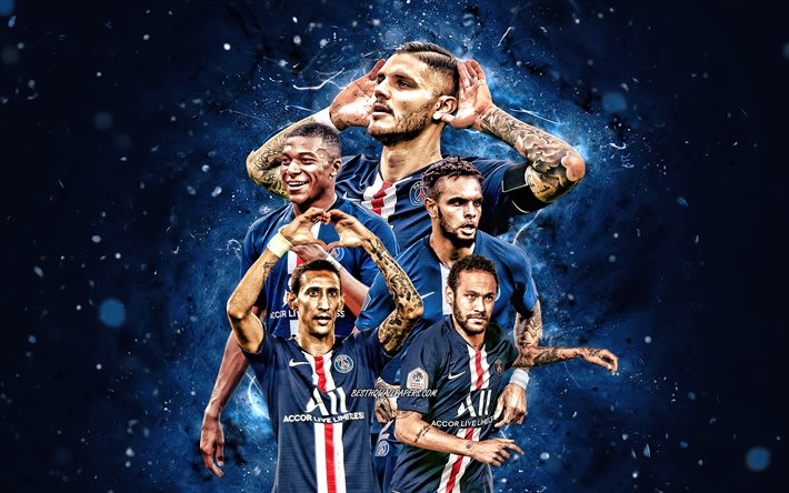 Kylian Mbappe, Edinson Cavani, Neymar, Mauro Icardi, Layvin Kurzawa, 4k, PSG, stelle del calcio, Ligue 1, il PSG squadra, luci al neon, il calcio, il Paris Saint-Germain