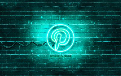 Pinterest turkoosi logo, 4k, turkoosi brickwall, Pinterest logo, sosiaaliset verkostot, Pinterest neon-logo, Pinterest