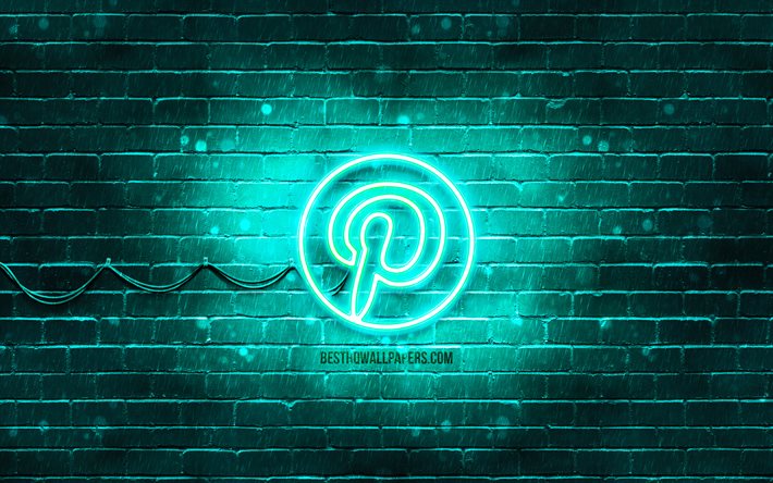 Pinterest turquesa logotipo de 4k, turquesa brickwall, Pinterest logo, redes sociales, Pinterest ne&#243;n logotipo, Pinterest