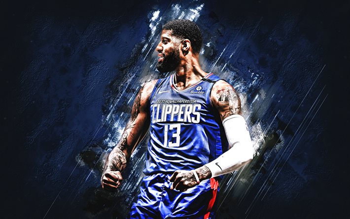 Paul George, NBA, Los Angeles Clippers, blue stone background, American Basketball Player, portrait, USA, basketball, Los Angeles Clippers players