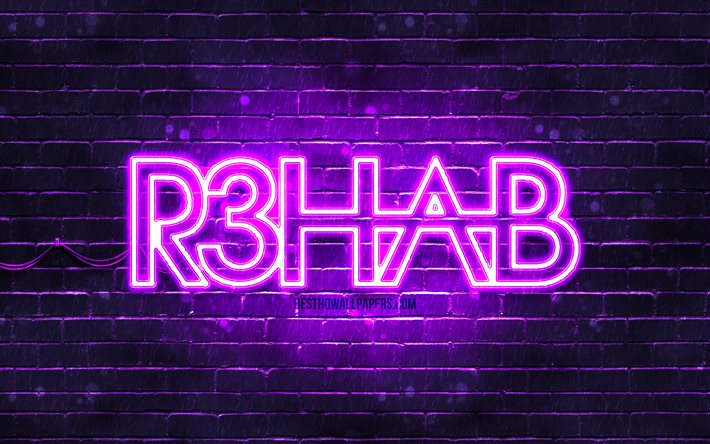 R3hab violet logo, 4k, superstars, dutch DJs, violet brickwall, R3hab logo, Fadil El Ghoul, R3hab, music stars, R3hab neon logo