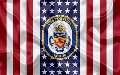 uss tortuga-emblem, lsd-46, american flag, us-navy, usa, uss tortuga abzeichen, us-kriegsschiff, wappen der uss tortuga