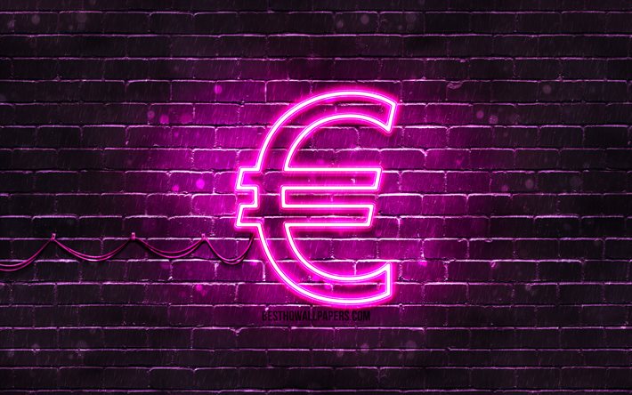 Euro lila tecken, 4k, lila brickwall, Euro tecken, valuta tecken, Euro neonskylt, Euro